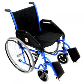 Thumbnail 2: Adult folding wheelchair. Fixed armrests Fixed footrests adjustable in height Solid rear tyres. 24 x Solid front castors. 8 x 1" Leg strap Size. 45 cm seat width 1 x Piece Net Weight 15.9 kg G: Weight 18.6 kg Box dimensions 94 x 25 x 89 cm CE / FDA / EN ISO 1509001 / EN ISO 13485, TUV